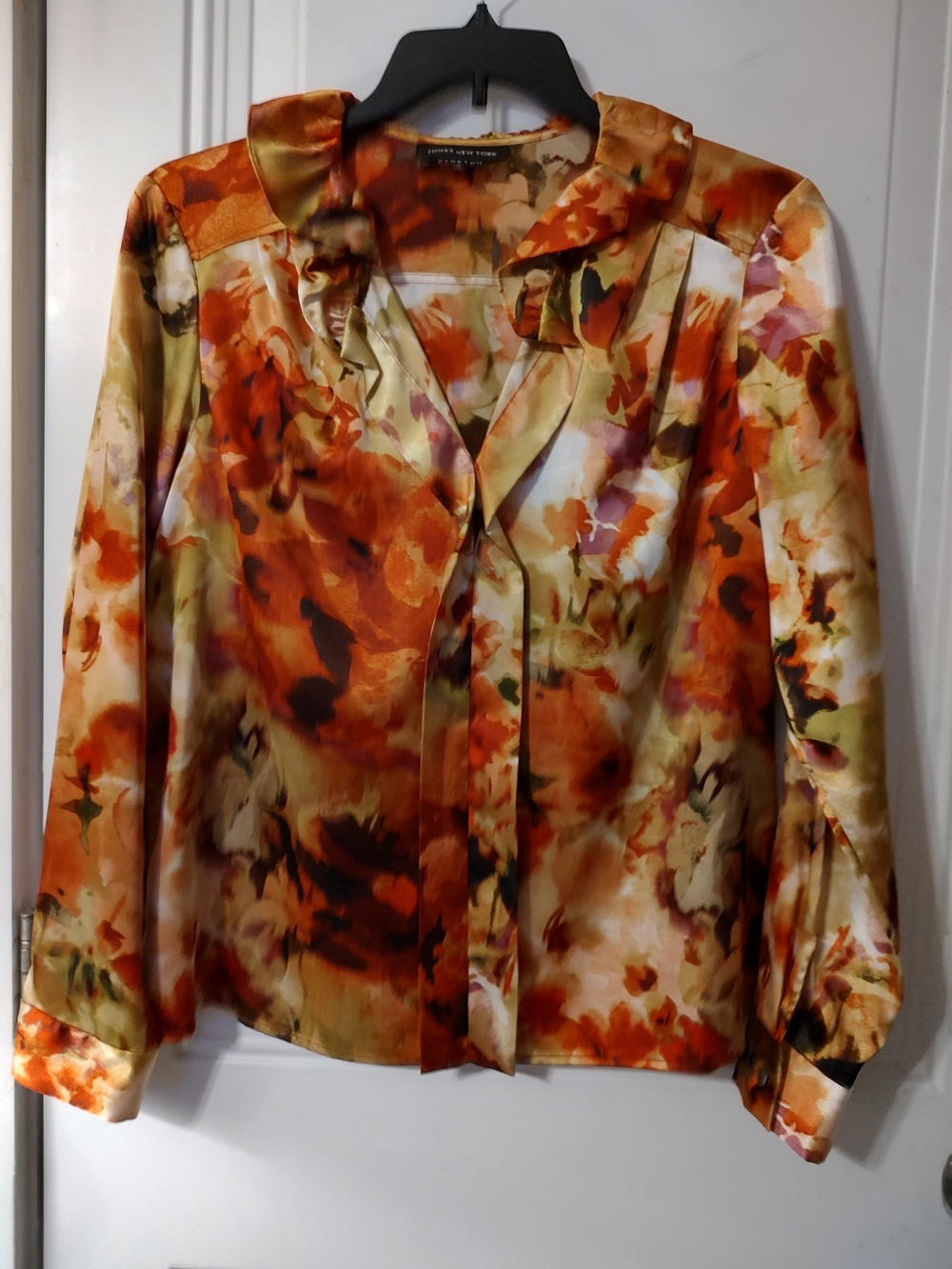 Jones New York Orange Multicolor Floral Satin Blouse
